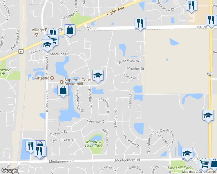 map of restaurants, bars, coffee shops, grocery stores, and more near 3864 Cheryl Court in Aurora