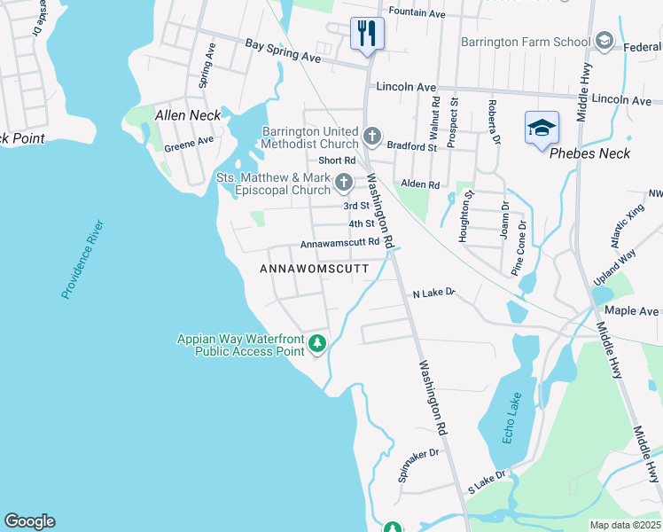 map of restaurants, bars, coffee shops, grocery stores, and more near 7 6th Street in Barrington