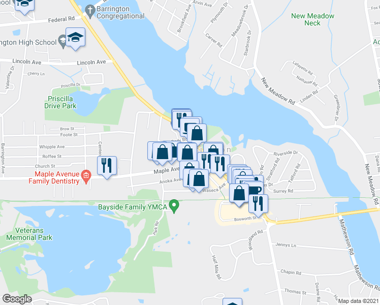 map of restaurants, bars, coffee shops, grocery stores, and more near 27 Hamilton Avenue in Barrington