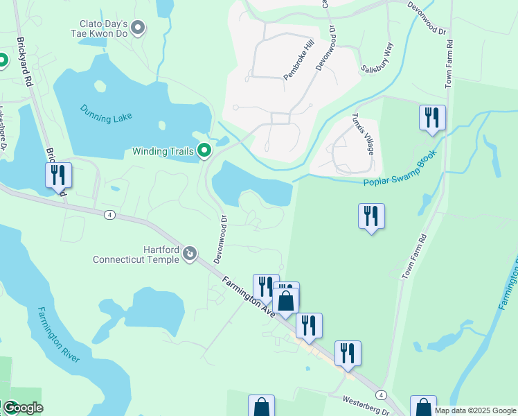 map of restaurants, bars, coffee shops, grocery stores, and more near 20 Devonwood Drive in Farmington