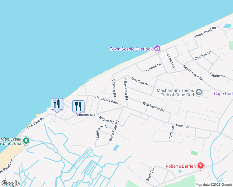 map of restaurants, bars, coffee shops, grocery stores, and more near 16 Bayview Road in Dennis