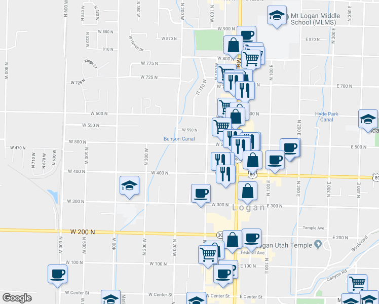 map of restaurants, bars, coffee shops, grocery stores, and more near 156 West 500 North in Logan