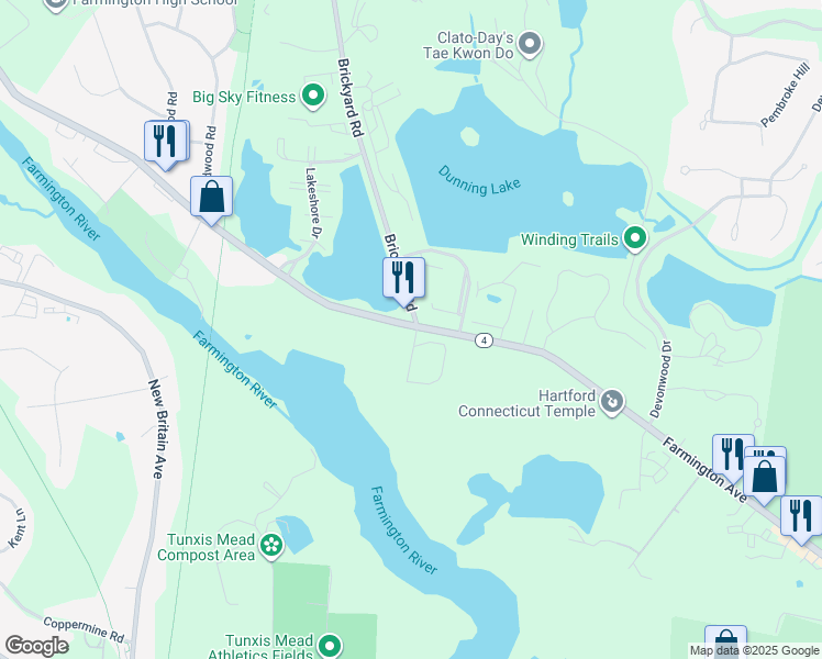 map of restaurants, bars, coffee shops, grocery stores, and more near 5 Bridgewater Road in Farmington