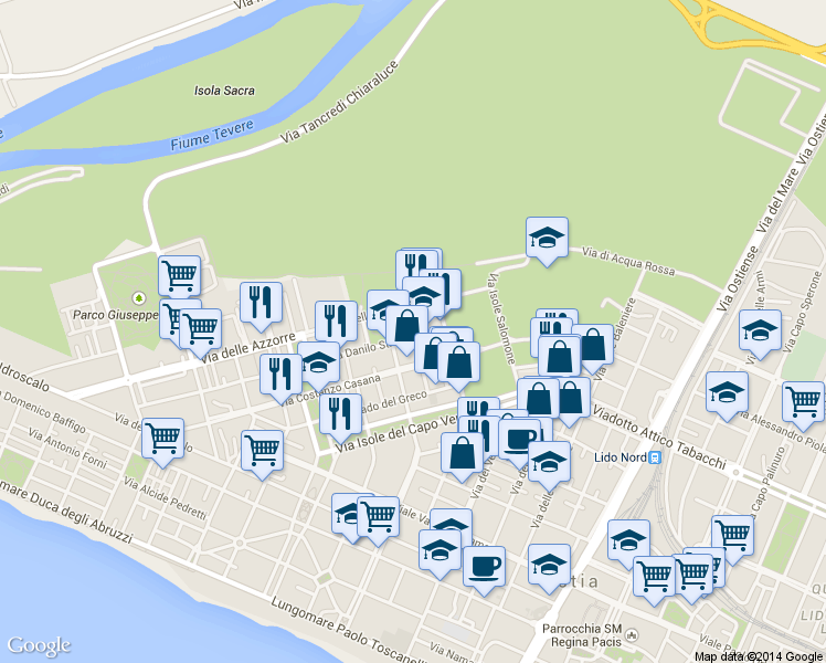 map of restaurants, bars, coffee shops, grocery stores, and more near 47 Piazza Ener Bettica in Lido di Ostia