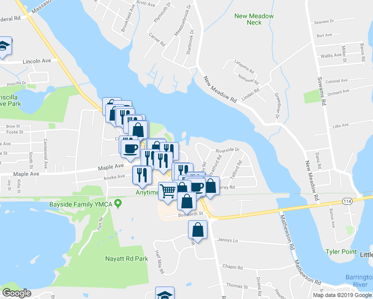 map of restaurants, bars, coffee shops, grocery stores, and more near 84 Markwood Drive in Barrington