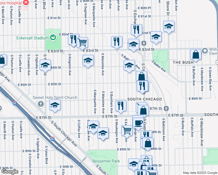 map of restaurants, bars, coffee shops, grocery stores, and more near 8512 S Burnham Ave in Chicago