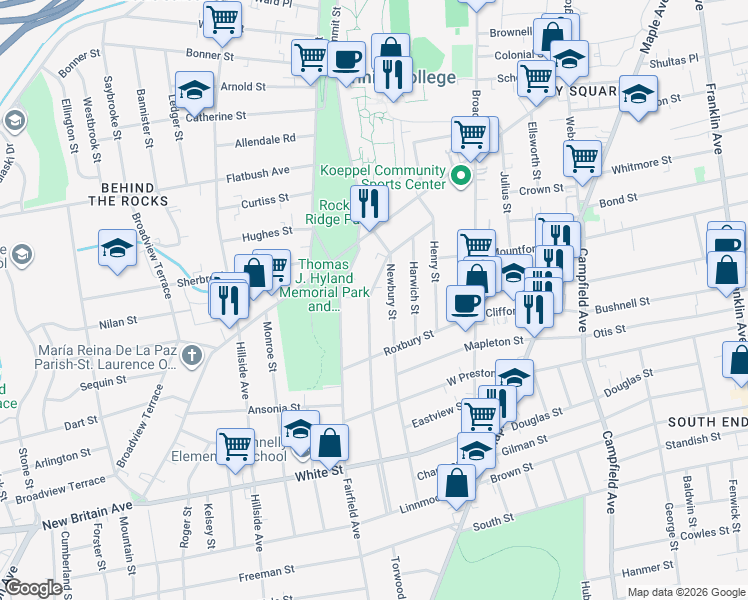 map of restaurants, bars, coffee shops, grocery stores, and more near 92 Grandview Terrace in Hartford
