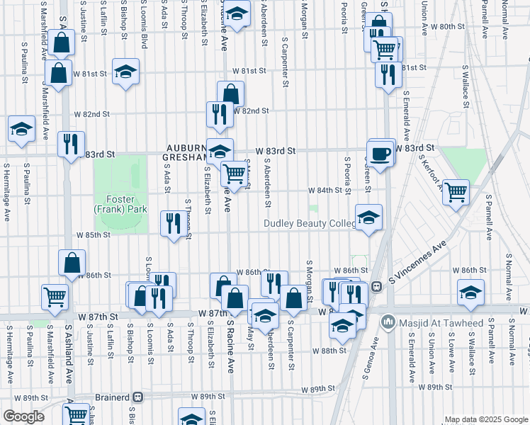 map of restaurants, bars, coffee shops, grocery stores, and more near 8436 South Aberdeen Street in Chicago