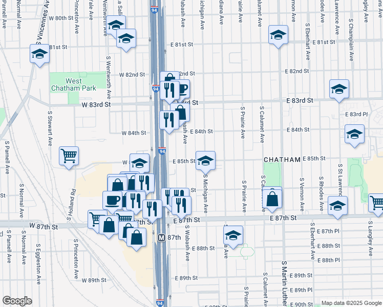 map of restaurants, bars, coffee shops, grocery stores, and more near 8447 South Wabash Avenue in Chicago