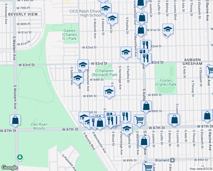 map of restaurants, bars, coffee shops, grocery stores, and more near 8421 South Honore Street in Chicago
