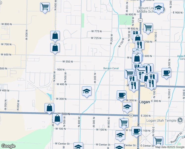 map of restaurants, bars, coffee shops, grocery stores, and more near 471 North 300 West in Logan