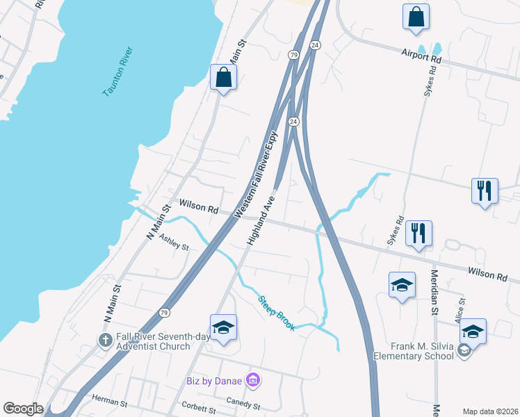 map of restaurants, bars, coffee shops, grocery stores, and more near 380 Wilson Road in Fall River