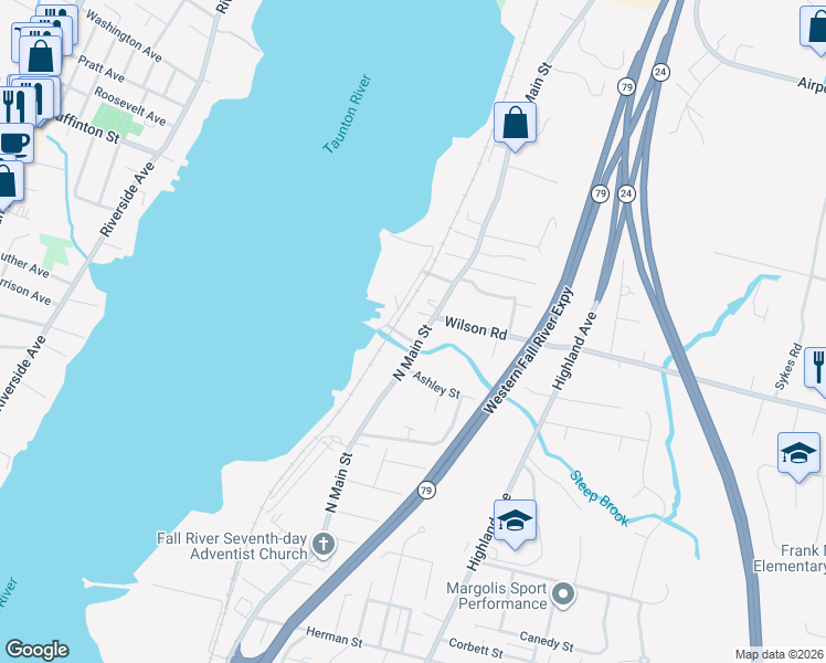 map of restaurants, bars, coffee shops, grocery stores, and more near 3228 North Main Street in Fall River