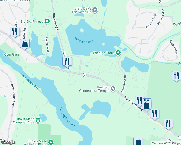 map of restaurants, bars, coffee shops, grocery stores, and more near 1145 Farmington Avenue in Farmington