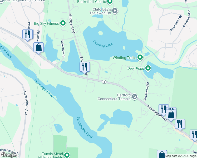 map of restaurants, bars, coffee shops, grocery stores, and more near 1232 Farmington Avenue in Farmington