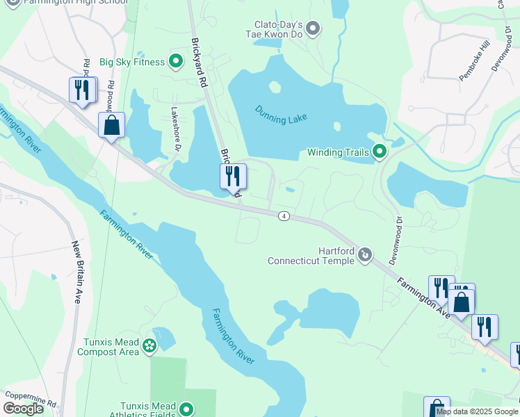 map of restaurants, bars, coffee shops, grocery stores, and more near 1232 Farmington Avenue in Farmington