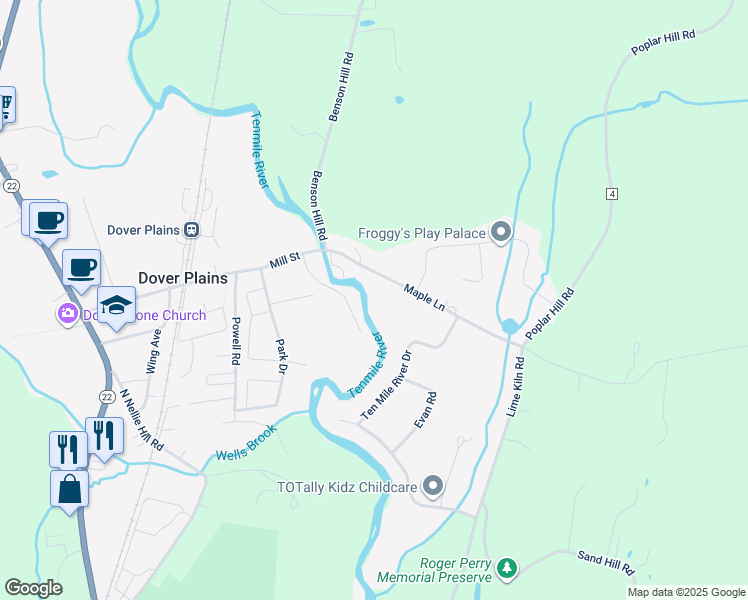 map of restaurants, bars, coffee shops, grocery stores, and more near 106 Mill Street in Dover Plains