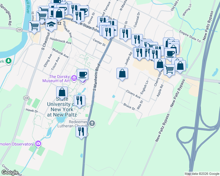 map of restaurants, bars, coffee shops, grocery stores, and more near 58 South Manheim Boulevard in New Paltz