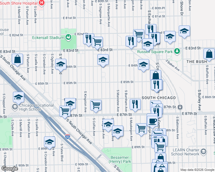 map of restaurants, bars, coffee shops, grocery stores, and more near 8511 South Saginaw Avenue in Chicago
