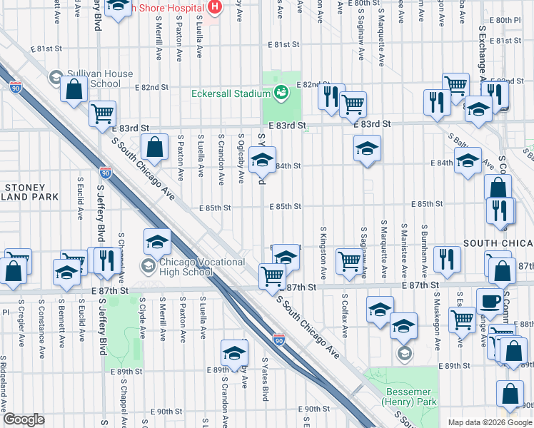 map of restaurants, bars, coffee shops, grocery stores, and more near 8508 South Phillips Avenue in Chicago