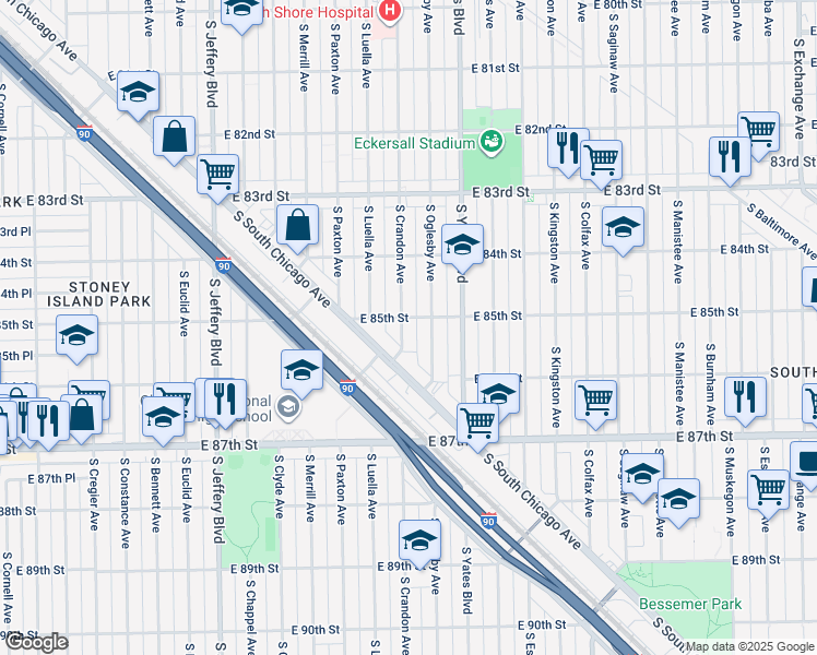 map of restaurants, bars, coffee shops, grocery stores, and more near 8507 South Crandon Avenue in Chicago