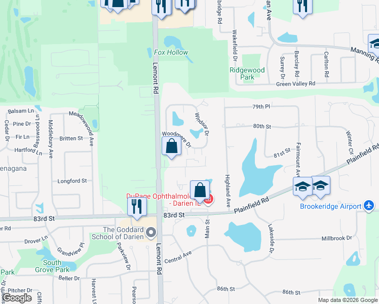 map of restaurants, bars, coffee shops, grocery stores, and more near 2663 Woodmere Drive in Darien