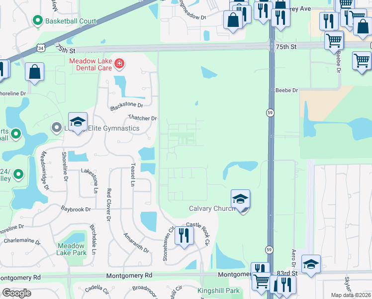 map of restaurants, bars, coffee shops, grocery stores, and more near 4183 Irving Road in Aurora