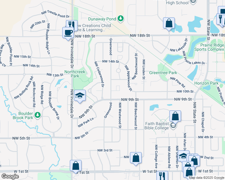 map of restaurants, bars, coffee shops, grocery stores, and more near 1101 Northwest Greenwood Street in Ankeny