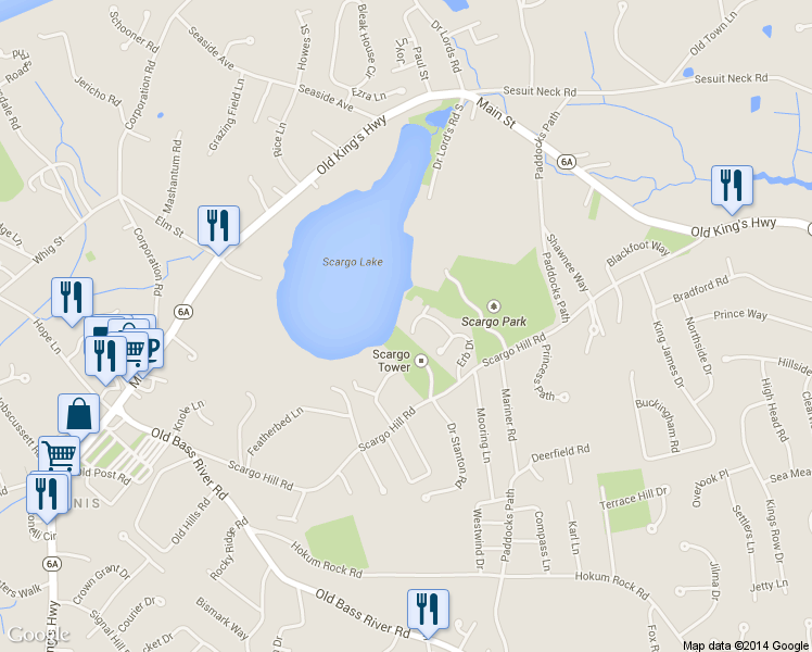 map of restaurants, bars, coffee shops, grocery stores, and more near 16 Maureens Way in Dennis