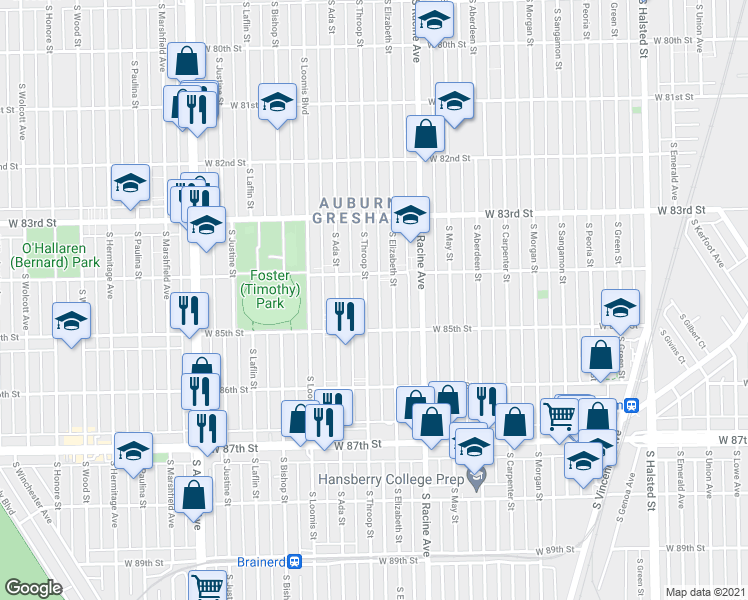 map of restaurants, bars, coffee shops, grocery stores, and more near 8427 South Throop Street in Chicago