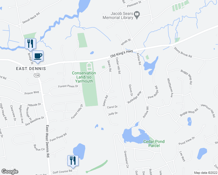 map of restaurants, bars, coffee shops, grocery stores, and more near 61 Sears Road in Dennis