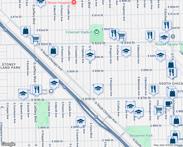 map of restaurants, bars, coffee shops, grocery stores, and more near 8508 South Phillips Avenue in Chicago