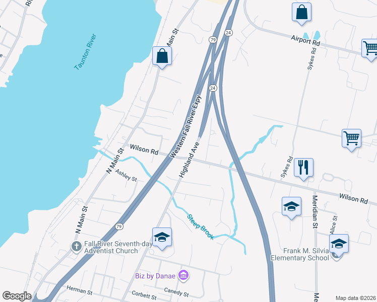 map of restaurants, bars, coffee shops, grocery stores, and more near 380 Wilson Road in Fall River