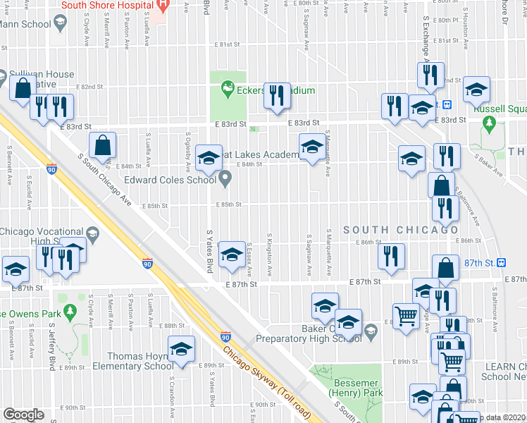 map of restaurants, bars, coffee shops, grocery stores, and more near 8510 S Kingston Ave in Chicago
