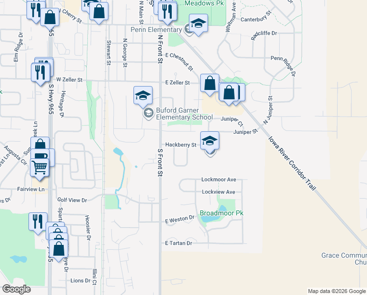 map of restaurants, bars, coffee shops, grocery stores, and more near 125 Hackberry St in North Liberty