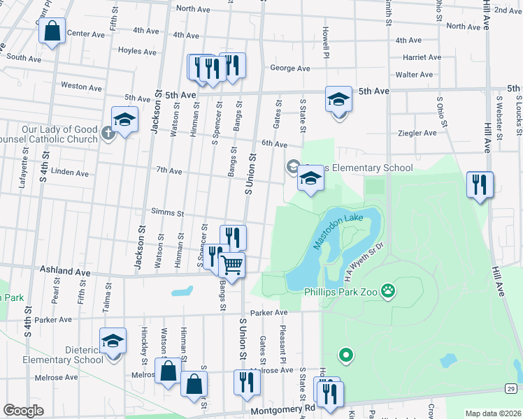 map of restaurants, bars, coffee shops, grocery stores, and more near 733 Gates Street in Aurora