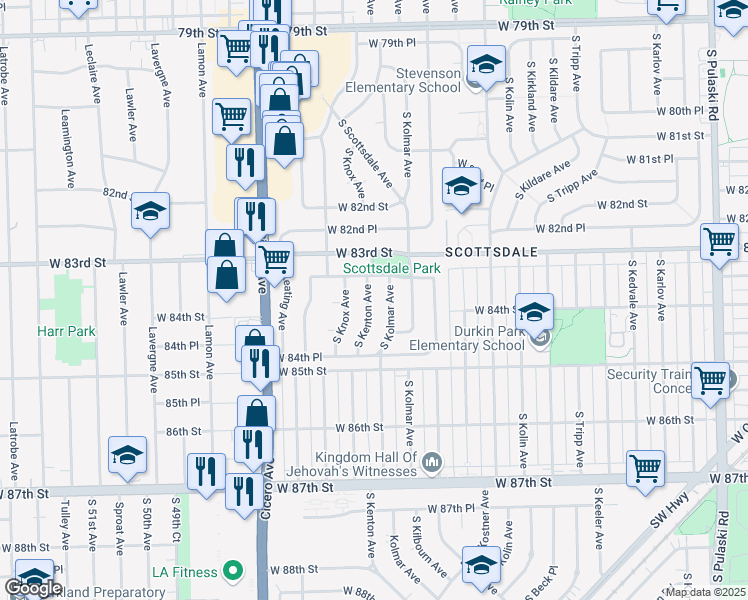 map of restaurants, bars, coffee shops, grocery stores, and more near 8353 South Kenton Avenue in Chicago