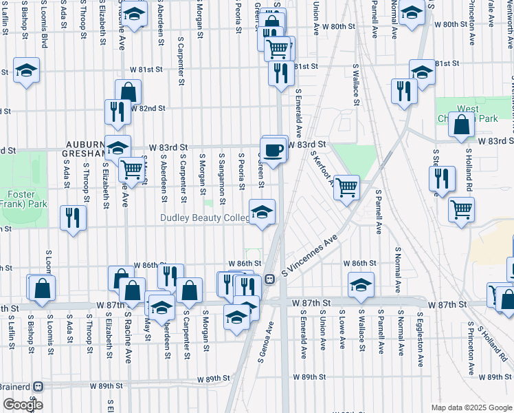 map of restaurants, bars, coffee shops, grocery stores, and more near 8432 South Green Street in Chicago