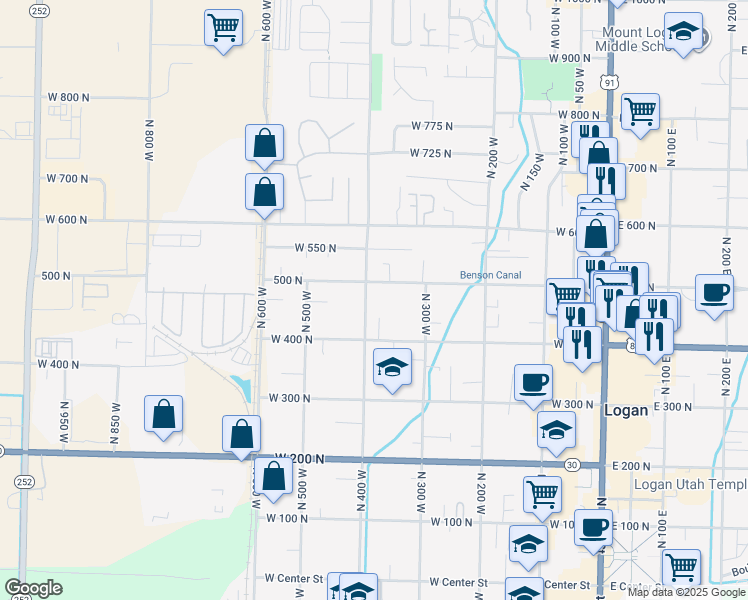 map of restaurants, bars, coffee shops, grocery stores, and more near 472 North 400 West in Logan