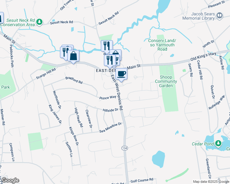 map of restaurants, bars, coffee shops, grocery stores, and more near 1357 Massachusetts 134 in Dennis