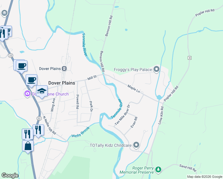 map of restaurants, bars, coffee shops, grocery stores, and more near 106 Mill St in Dover Plains