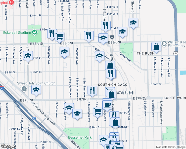 map of restaurants, bars, coffee shops, grocery stores, and more near 8513 South Muskegon Avenue in Chicago