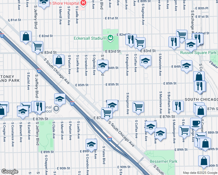 map of restaurants, bars, coffee shops, grocery stores, and more near 8508 South Phillips Avenue in Chicago