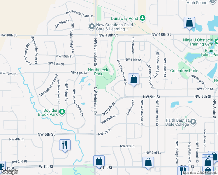 map of restaurants, bars, coffee shops, grocery stores, and more near 2826 Northwest North Creek Circle in Ankeny