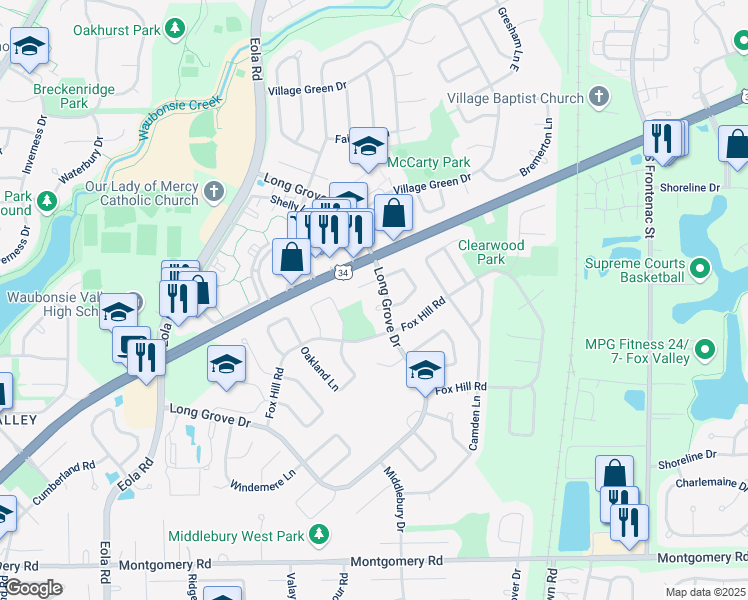 map of restaurants, bars, coffee shops, grocery stores, and more near 3010 Long Grove Court in Aurora