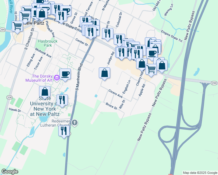 map of restaurants, bars, coffee shops, grocery stores, and more near 3 Cicero Avenue in New Paltz
