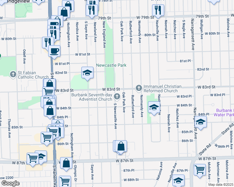 map of restaurants, bars, coffee shops, grocery stores, and more near 8303 New Castle Avenue in Burbank