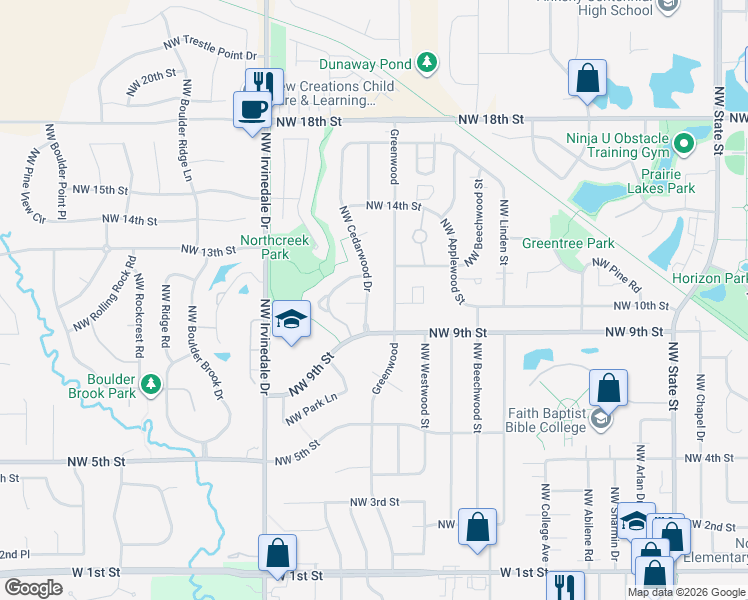 map of restaurants, bars, coffee shops, grocery stores, and more near 1001 Northwest Cedarwood Drive in Ankeny