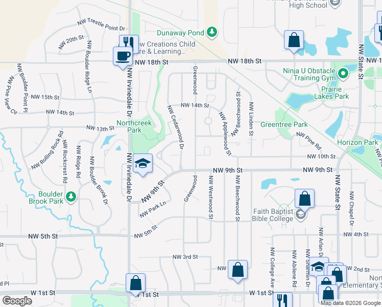 map of restaurants, bars, coffee shops, grocery stores, and more near 1001 Northwest Cedarwood Drive in Ankeny