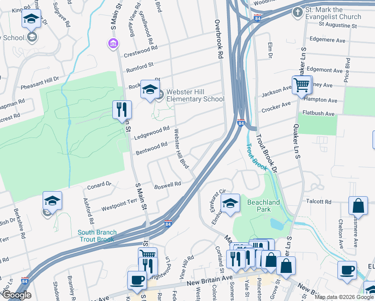 map of restaurants, bars, coffee shops, grocery stores, and more near 10 Cassilis Road in West Hartford
